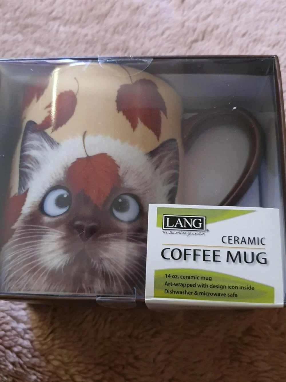 Lang Catching Leaves Cat Coffee Mug Cup 14 oz Design by Lowell Herrero 2016 NEW